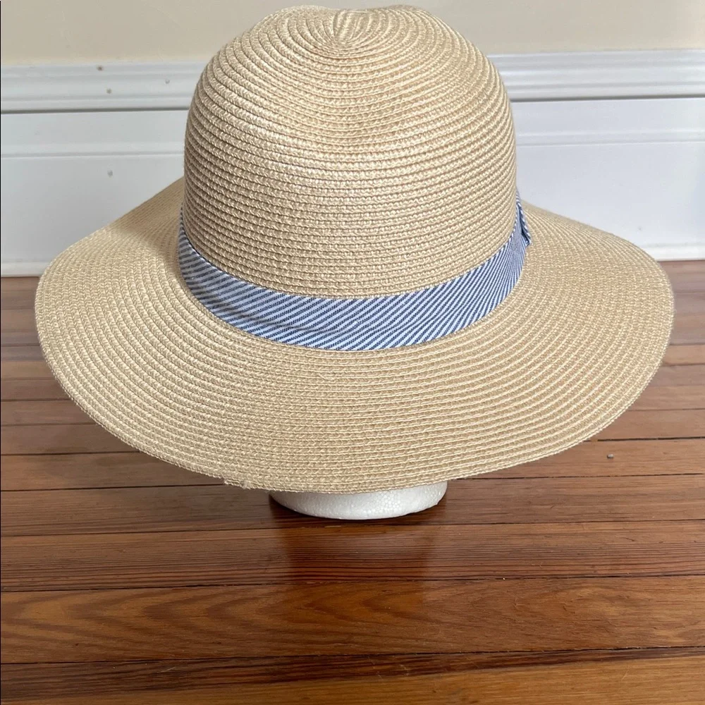 Banana Republic Classic Preppy Straw Vacation Sun Hat | Striped Seersucker Band - Picture 5 of 8